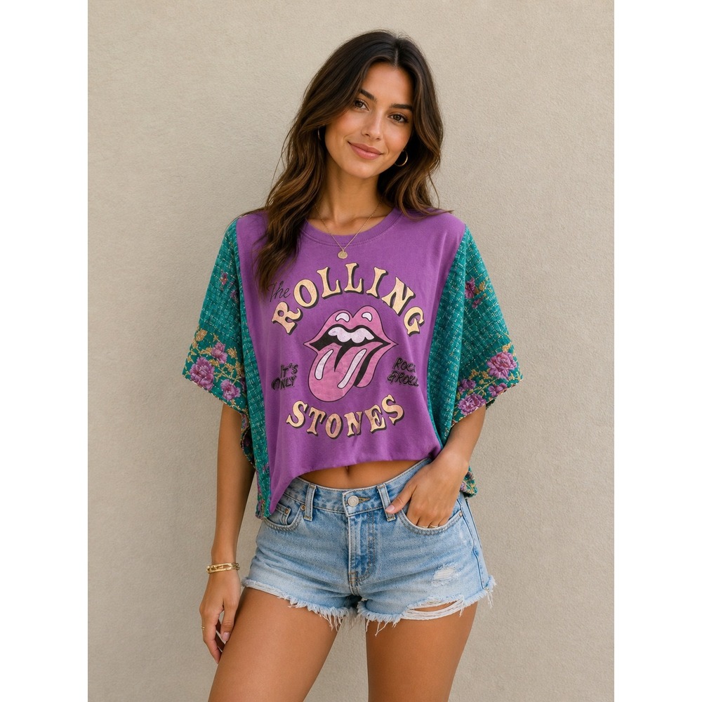 Rolling Stones Upcycled Kantha Quilt Sleeve Graphic Tee Purple Boho Kimono Top